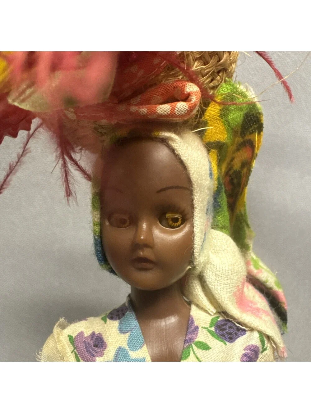 Vtg 70s Carribean Island Doll Tropical Fruit Hat Souvenir Black Sleepy Eyes 10”